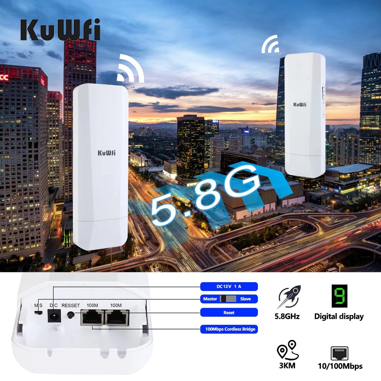 Pont extérieur KuWFi gamme wifi cpe 3KM 5.8G granges point à point pont wifi sans fil pour les connexions Internet à distance - Bamako Gadgets