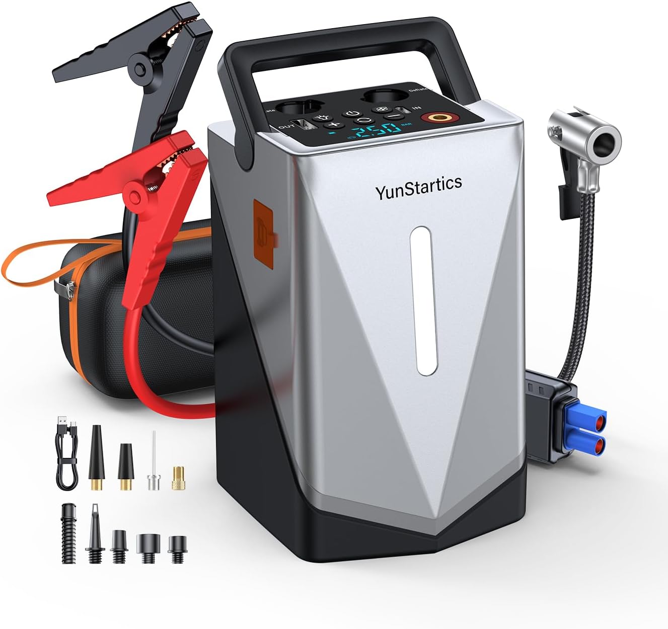 Booster de Batterie 3-en-1 : Démarrage • Compresseur • Chargeur USB + Lampe Torche