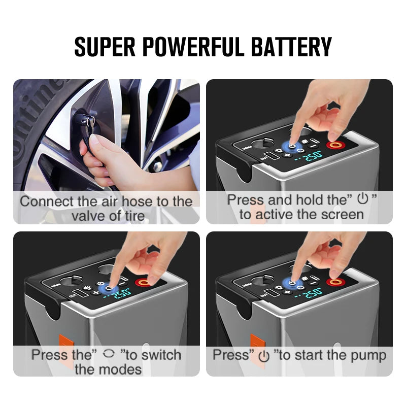 Booster de Batterie 3-en-1 : Démarrage • Compresseur • Chargeur USB + Lampe Torche